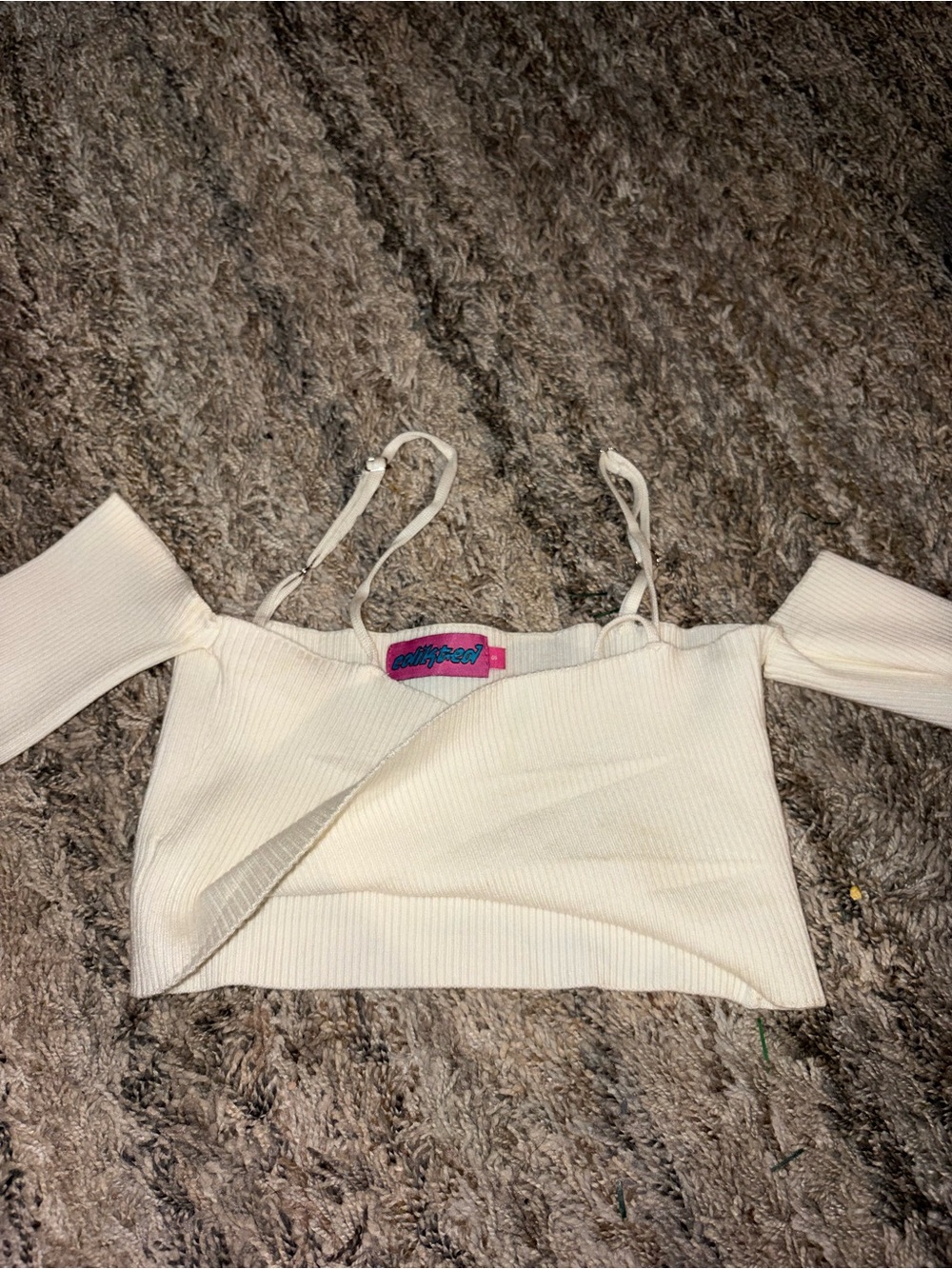 Edikted Cream Off-Shoulder Ribbed Crop Top with Straps